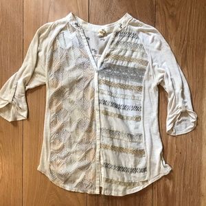 Anthroplogie collarless top embroidery detail